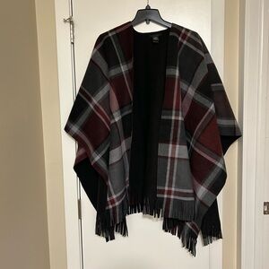RACHEL Rachel Roy Plaid Fringe Shawl in Black, Gray, and Red.